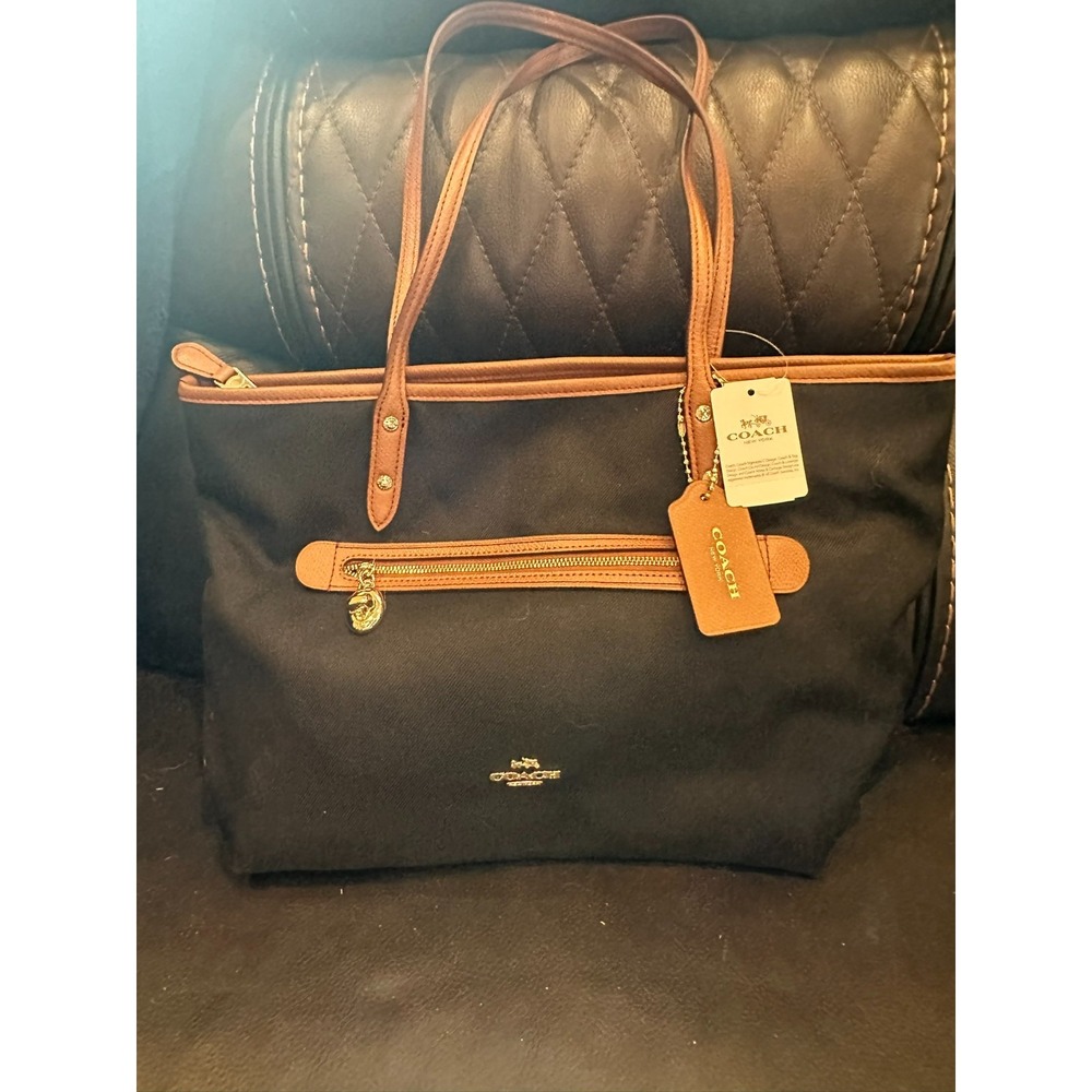 Coach Women Black Canvas Leather Trim Large Tote Bag Zip Top NWT